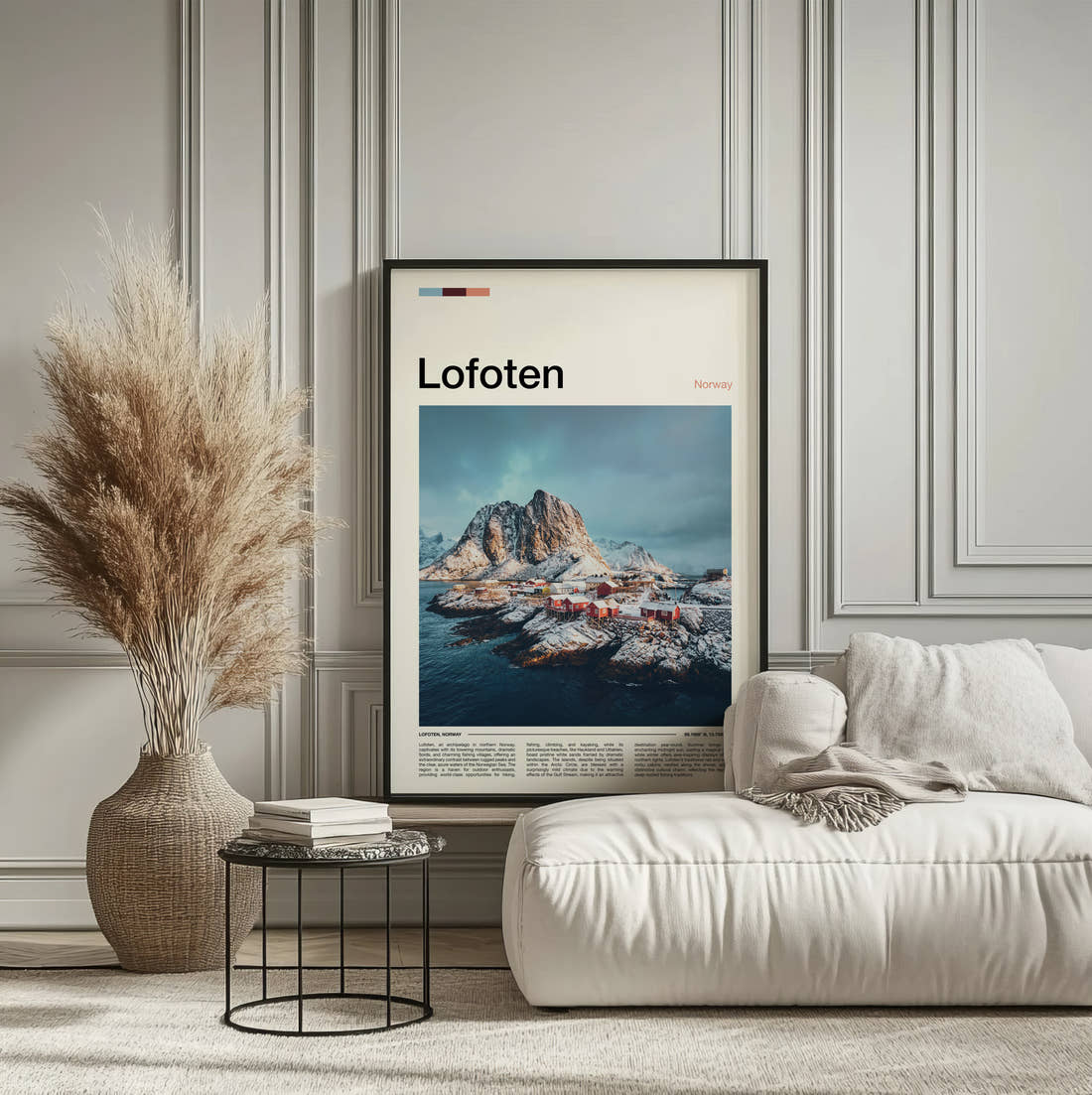 Lofoten Snowy Island Village Travel Print framed on the wall of a calm, neutral bedroom