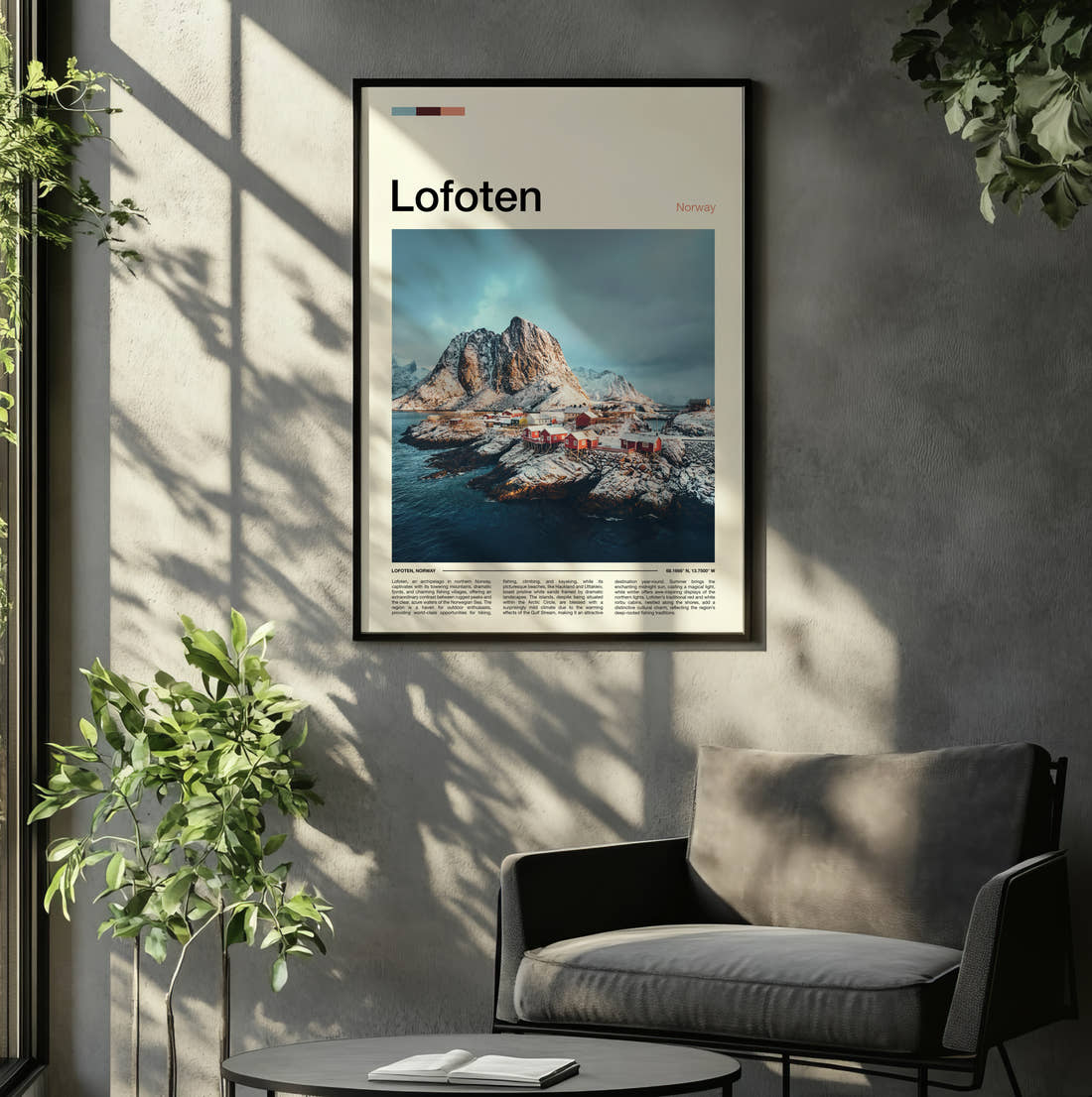 Lofoten Snowy Island Village Travel Print framed on the wall of a relaxed living room