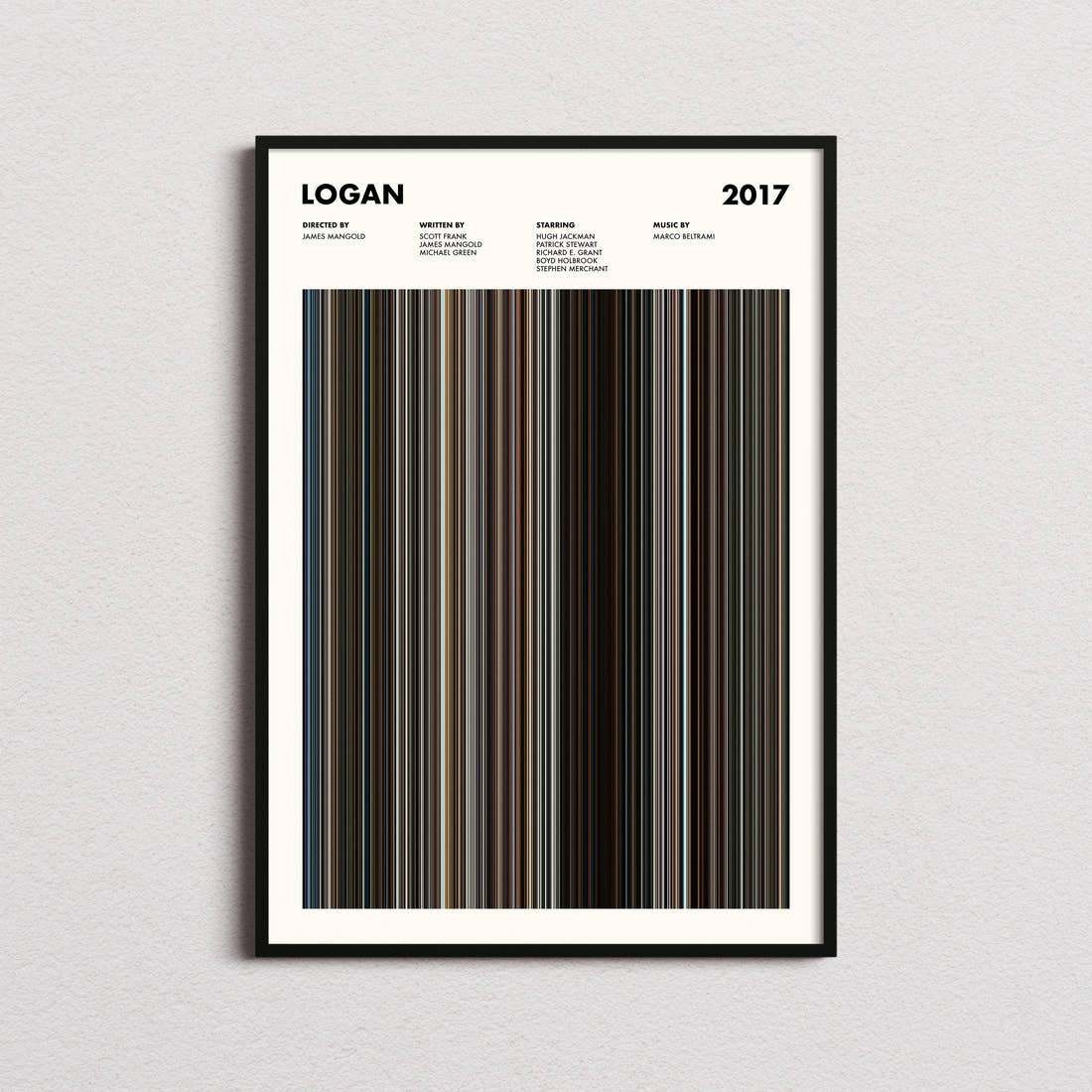 Logan Movie Barcode Poster framed on a plain studio wall