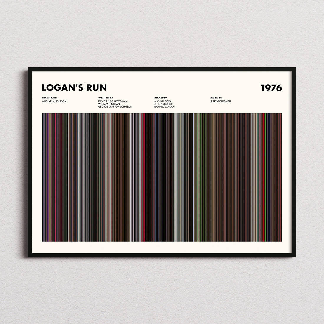 Logan's Run Movie Barcode Poster framed and photographed straight on