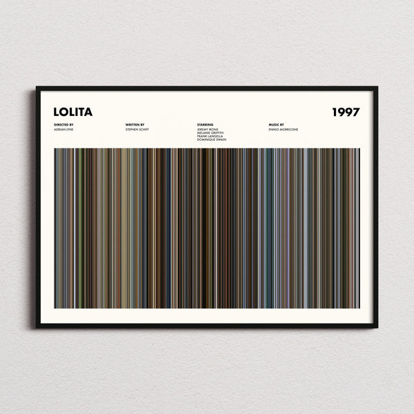 Lolita Movie Barcode Poster framed and photographed straight on