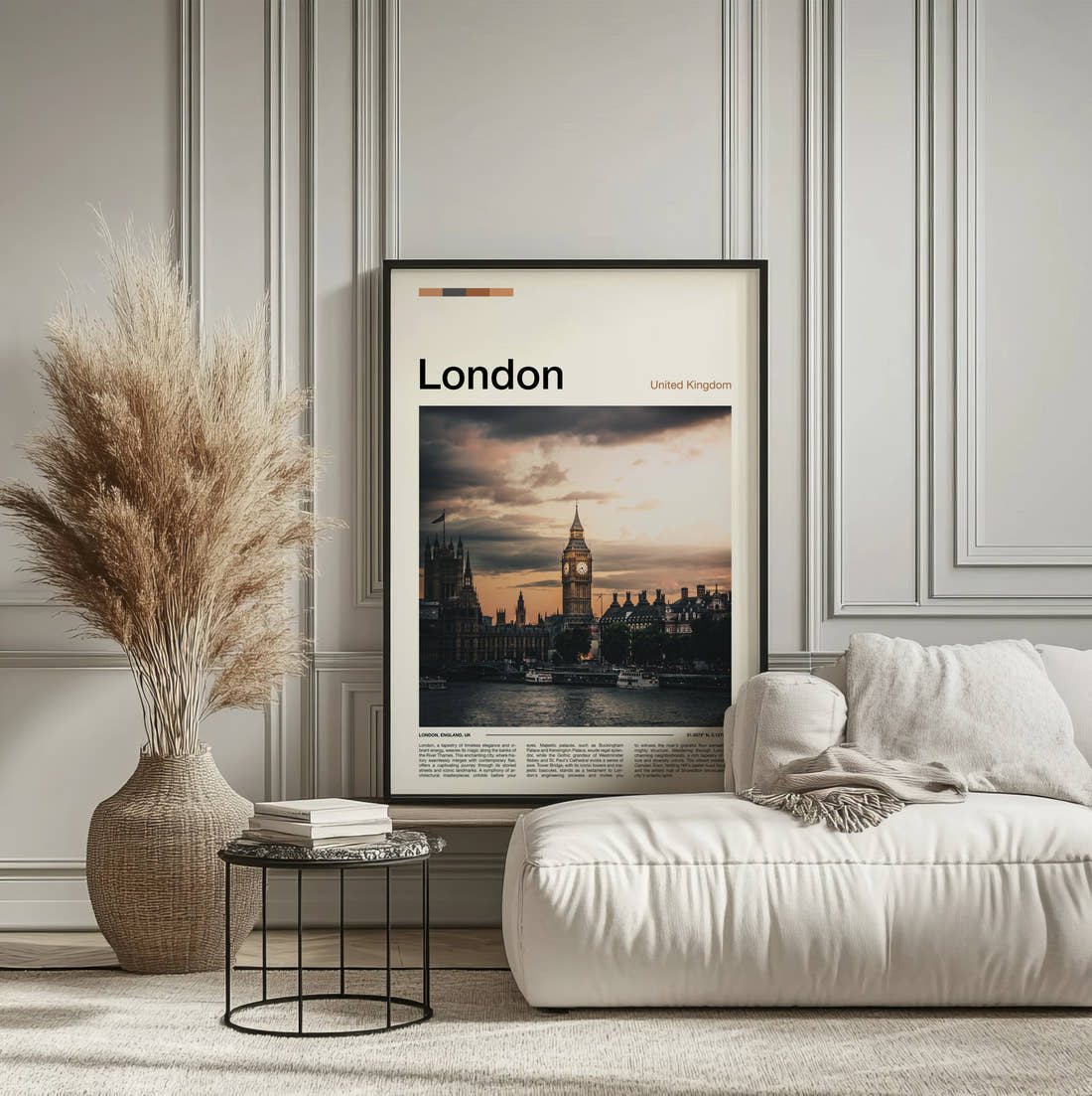 London Big Ben Travel Print framed on the wall of a calm, neutral bedroom