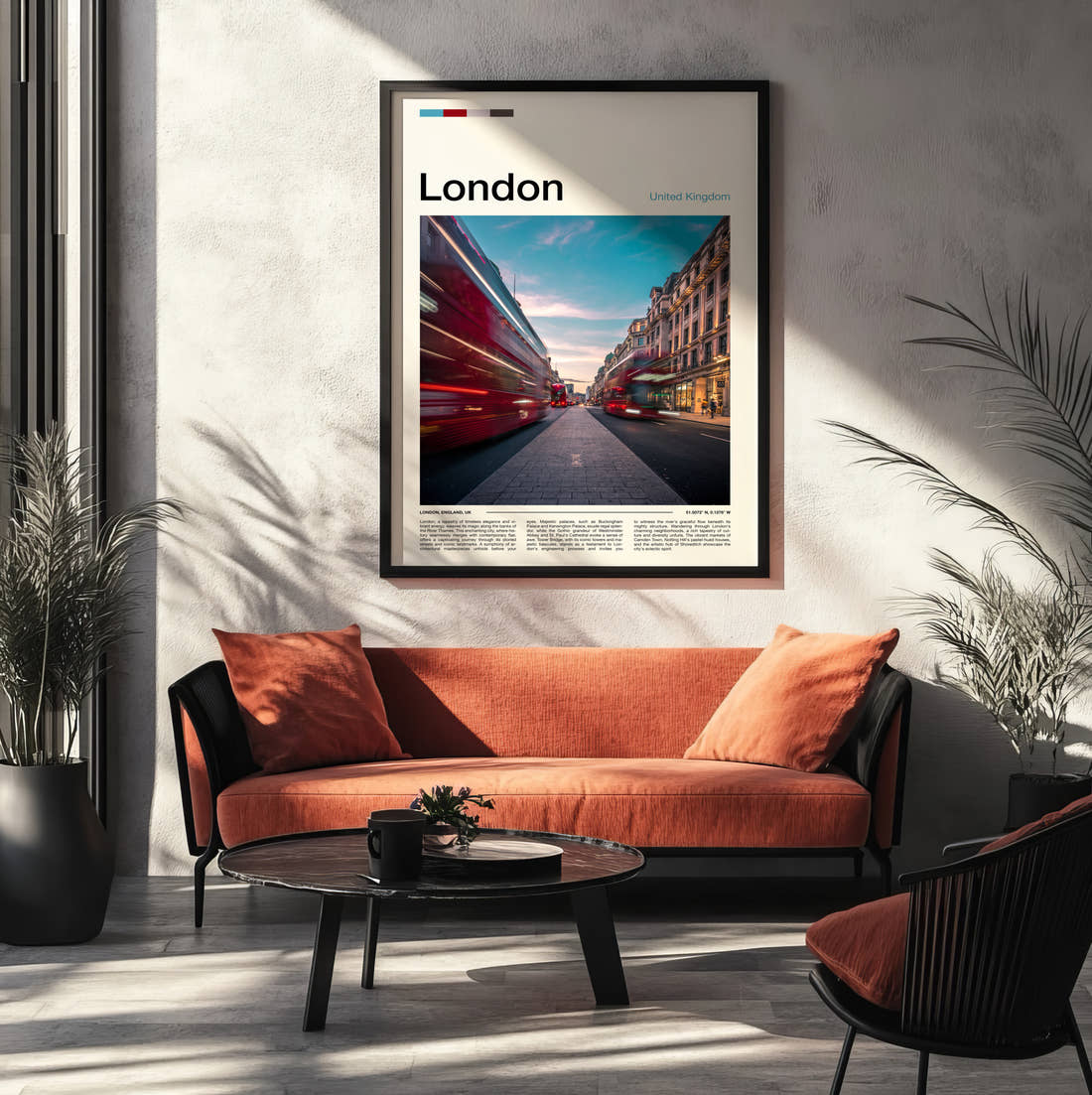 London Red Double-Decker Bus Travel Print framed on the wall of a modern living room