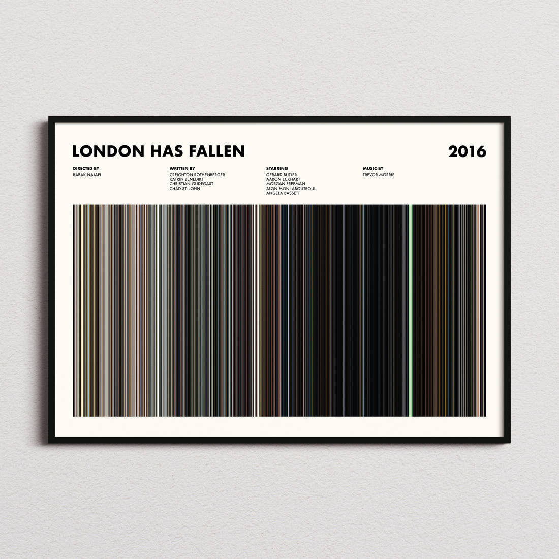London Has Fallen Movie Barcode Poster framed and photographed straight on