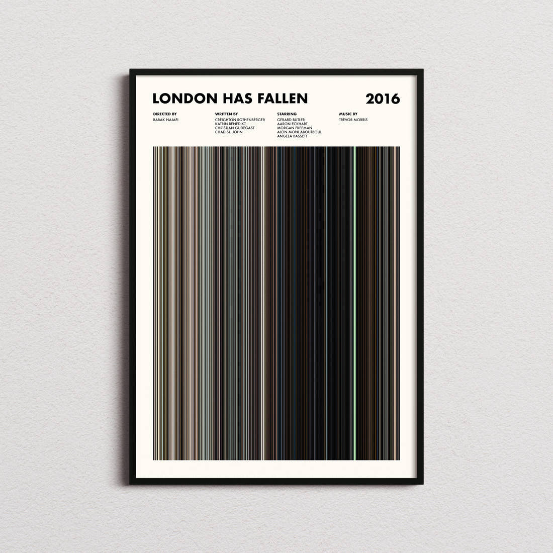 London Has Fallen Movie Barcode Poster framed on a plain studio wall