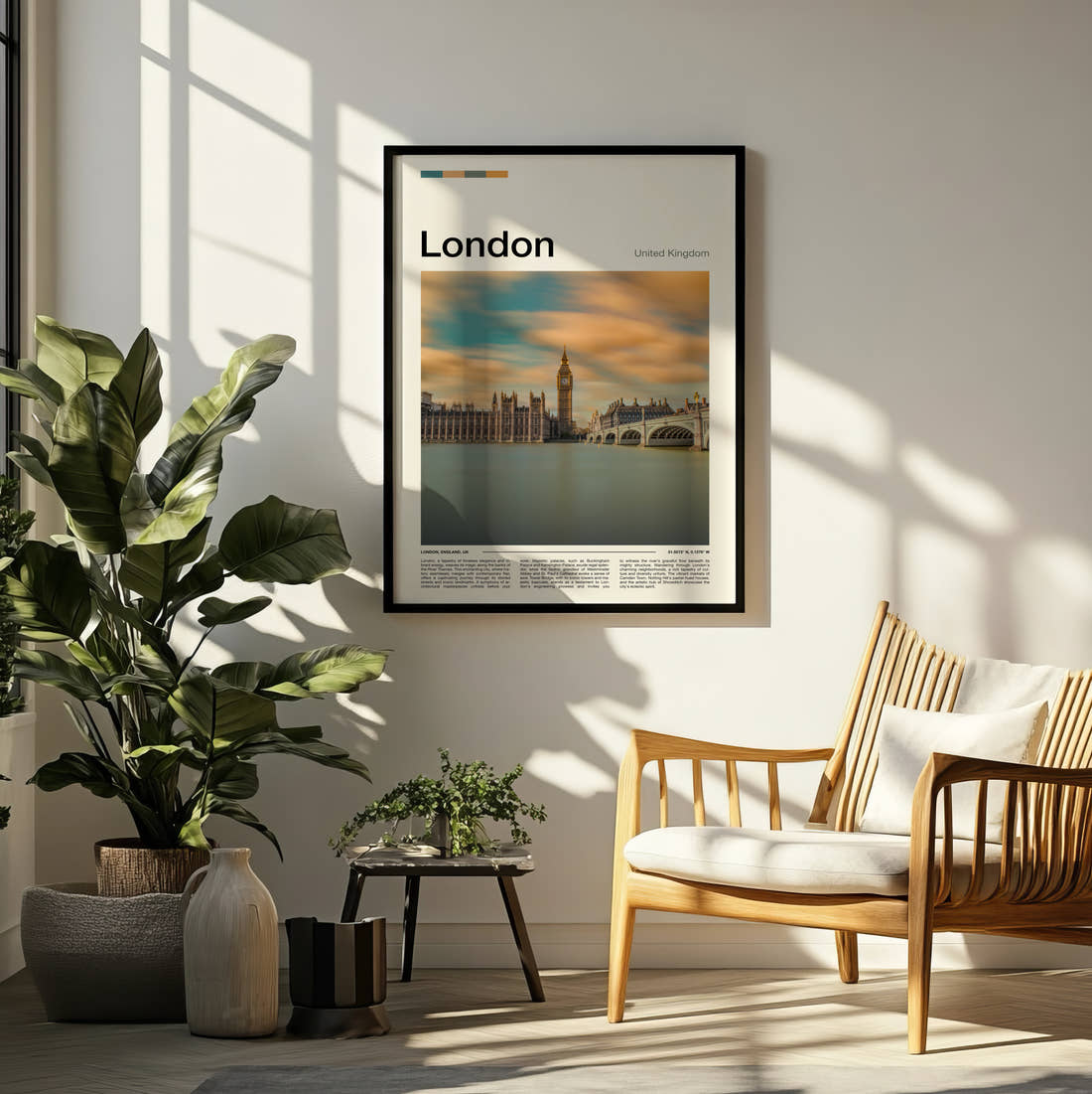London Houses Of Parliament Travel Print framed on a pale wall beside houseplants