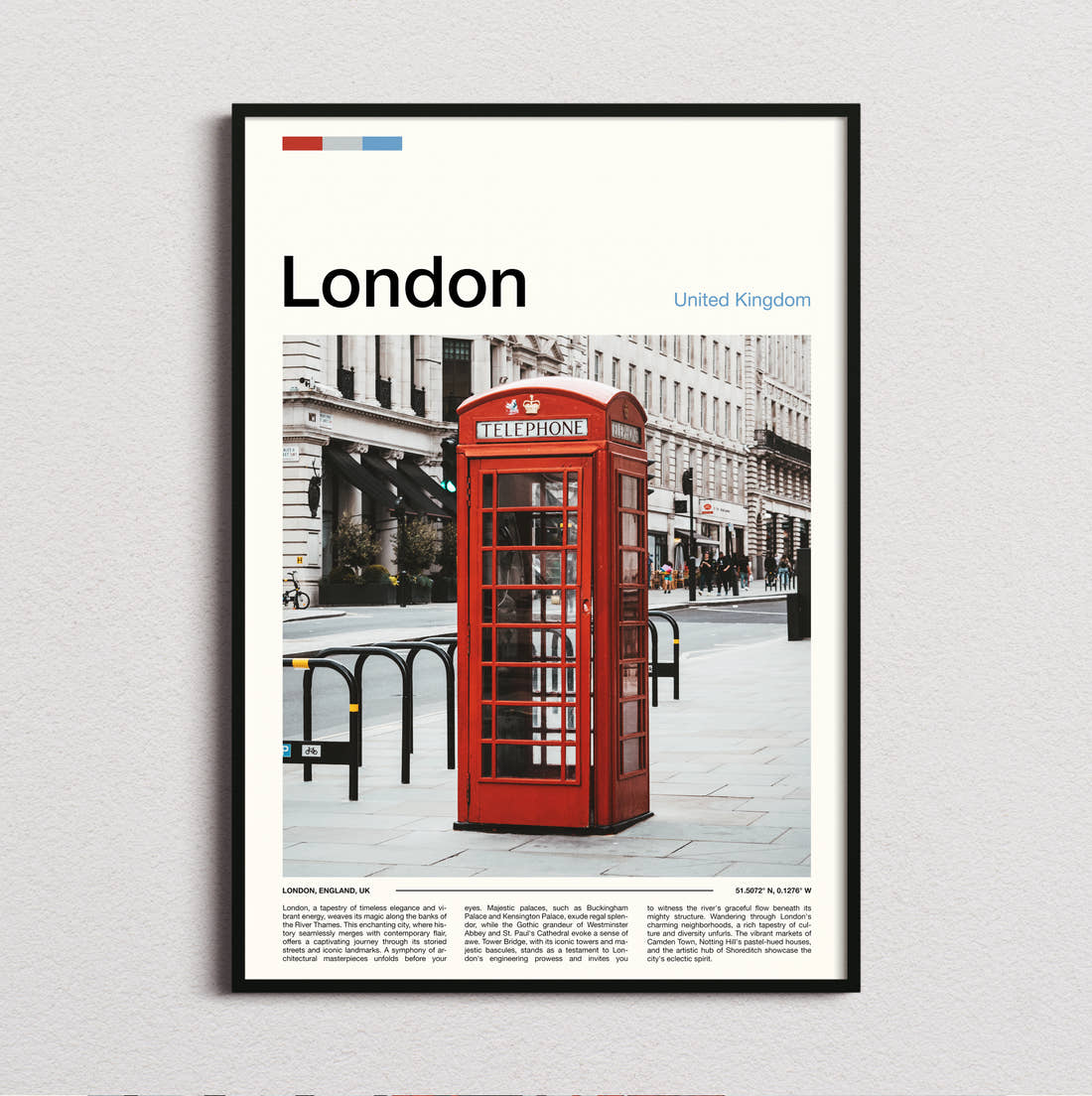 London Red Telephone Box Travel Print framed and photographed straight on