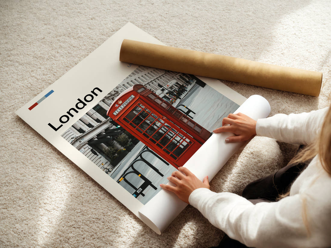 London Red Telephone Box Travel Print being unrolled from its postal tube