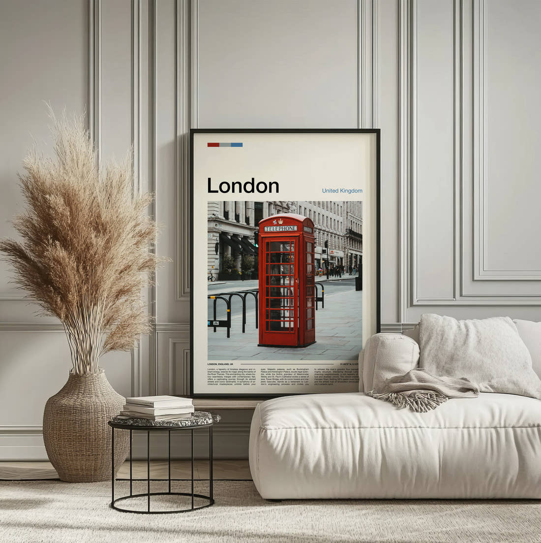 London Red Telephone Box Travel Print framed on the wall of a calm, neutral bedroom