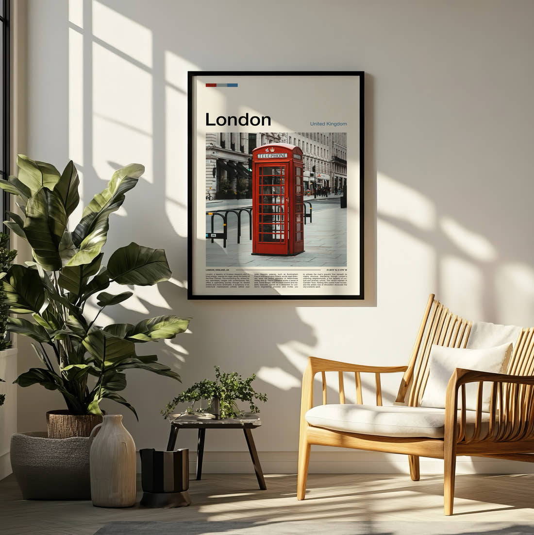 London Red Telephone Box Travel Print framed on a pale wall beside houseplants