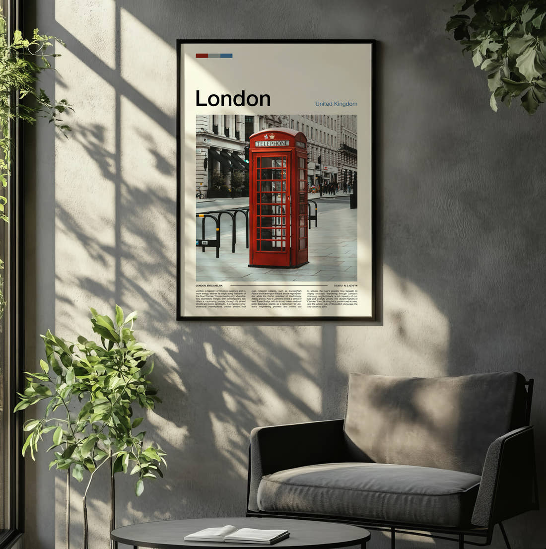 London Red Telephone Box Travel Print framed on the wall of a relaxed living room