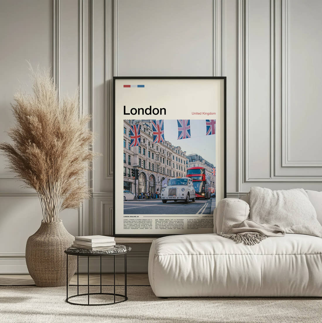 London Taxi Under Union Jacks Travel Print framed on the wall of a calm, neutral bedroom