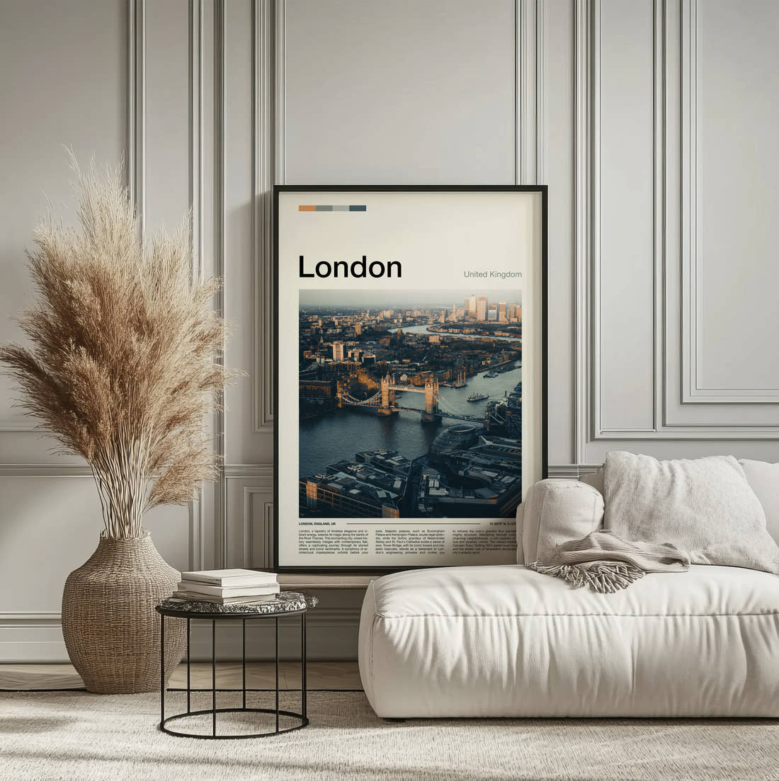 London Tower Bridge Travel Print framed on the wall of a calm, neutral bedroom