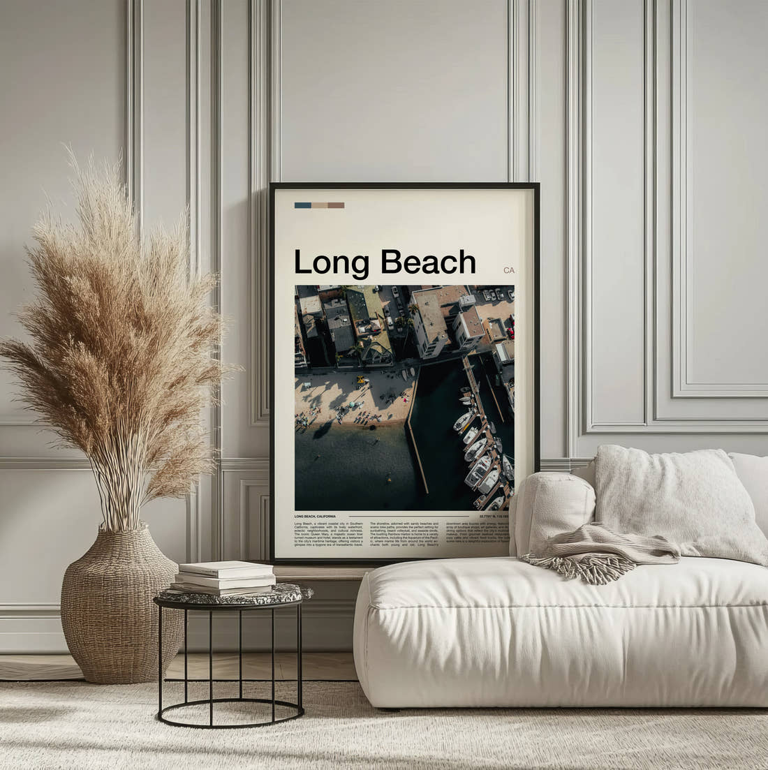 Long Beach Travel Print framed on the wall of a calm, neutral bedroom