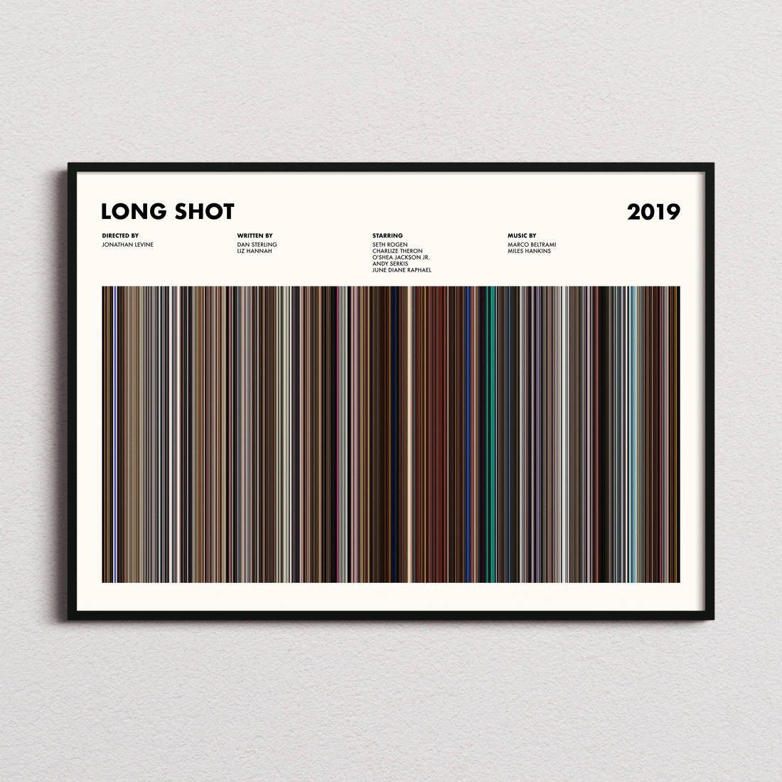 Long Shot Movie Barcode Poster framed and photographed straight on