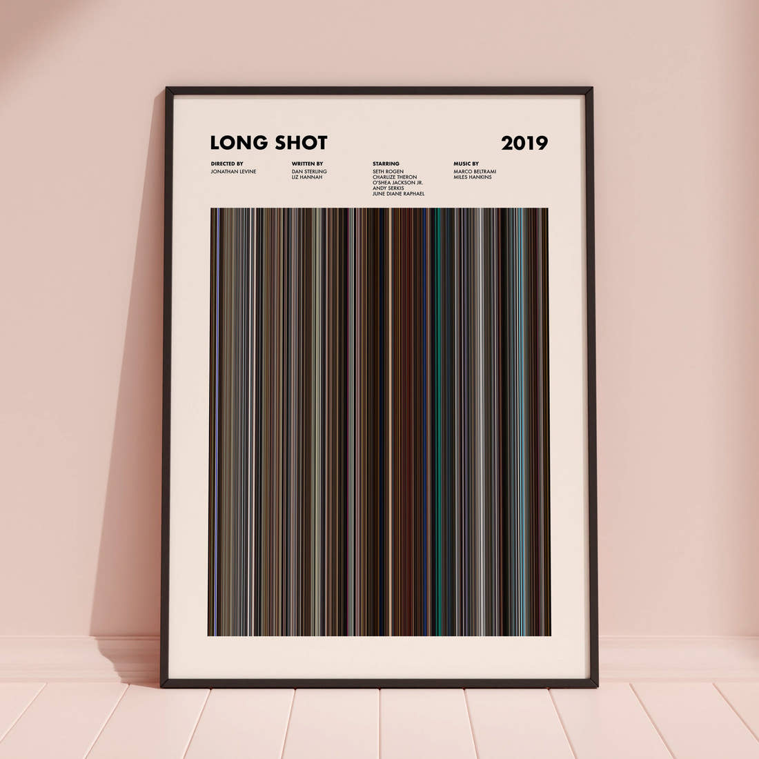 Long Shot Movie Barcode Poster framed and leaning against a coloured wall