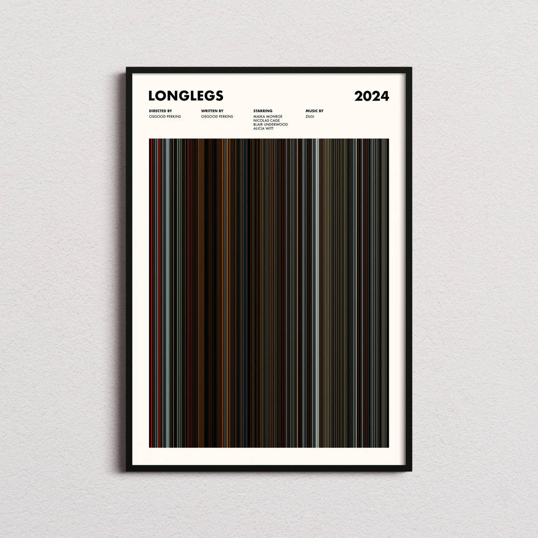 Longlegs Movie Barcode Poster framed on a plain studio wall