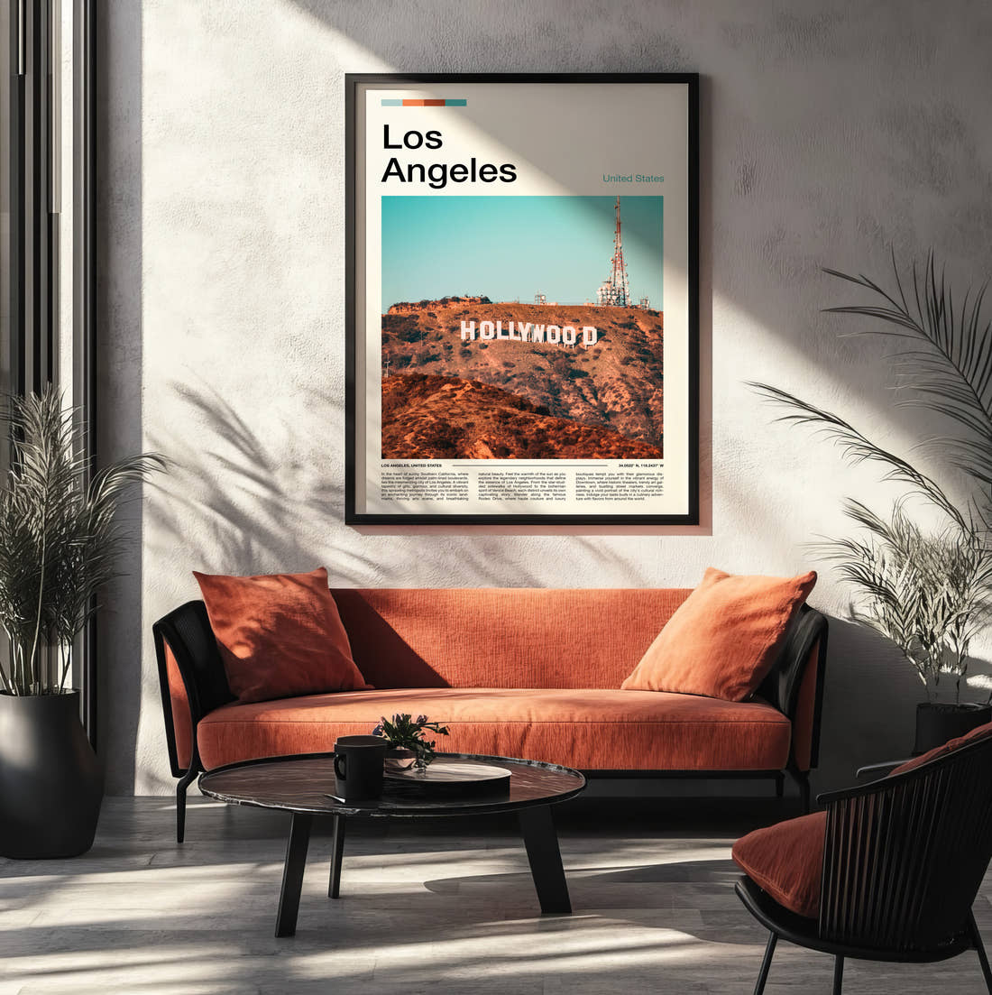 Los Angeles Hollywood Sign Travel Print framed on the wall of a modern living room