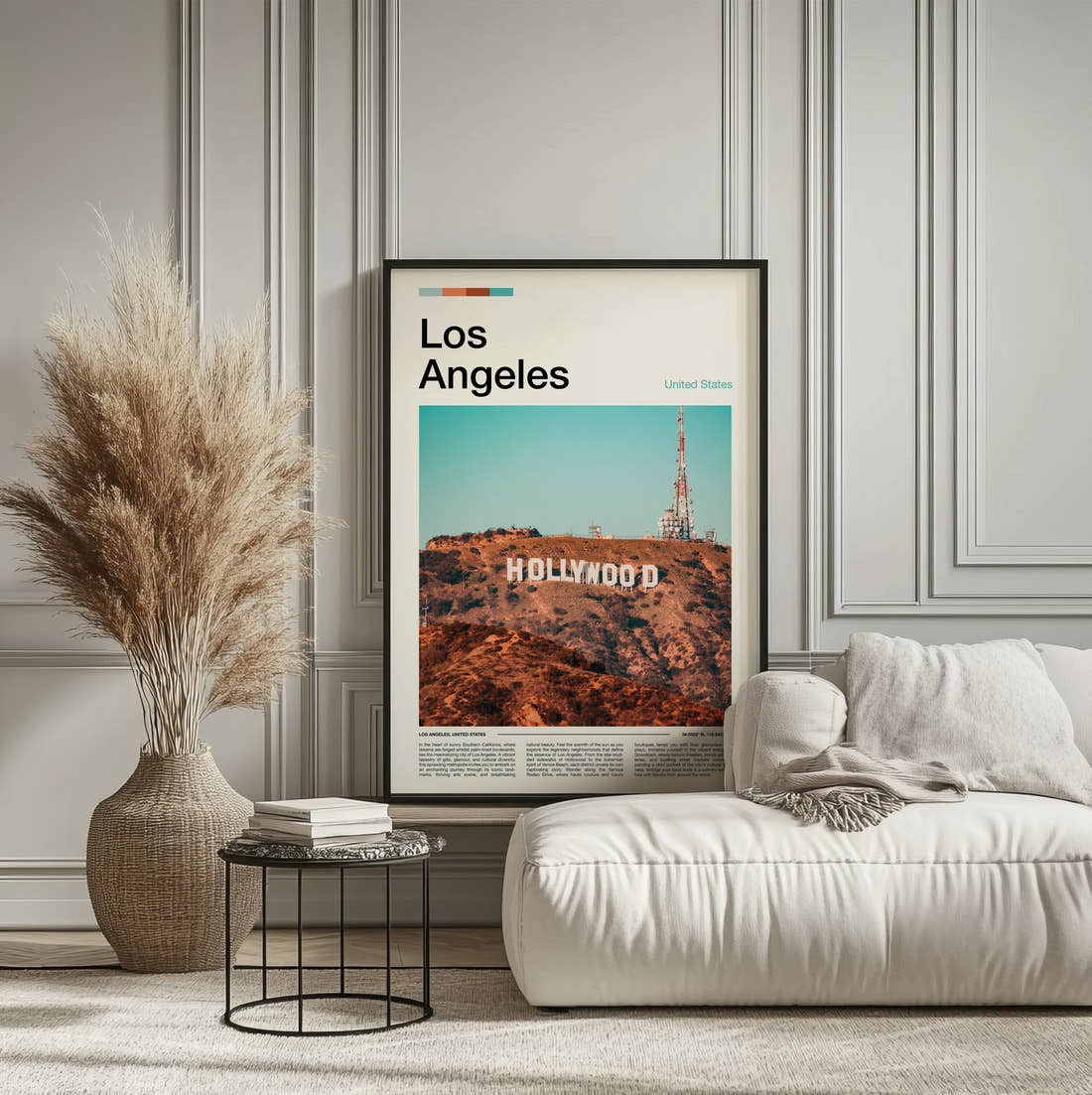 Los Angeles Hollywood Sign Travel Print framed on the wall of a calm, neutral bedroom