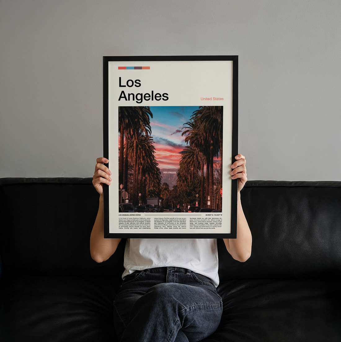 Los Angeles Distant Hollywood Sign Travel Print held up by hand to show the size of the print