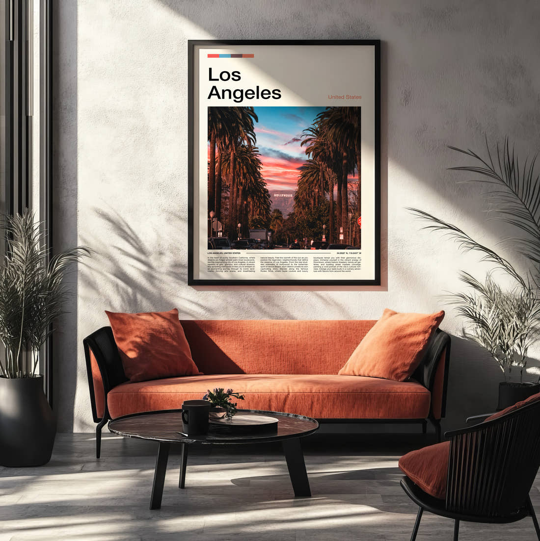 Los Angeles Distant Hollywood Sign Travel Print framed on the wall of a modern living room