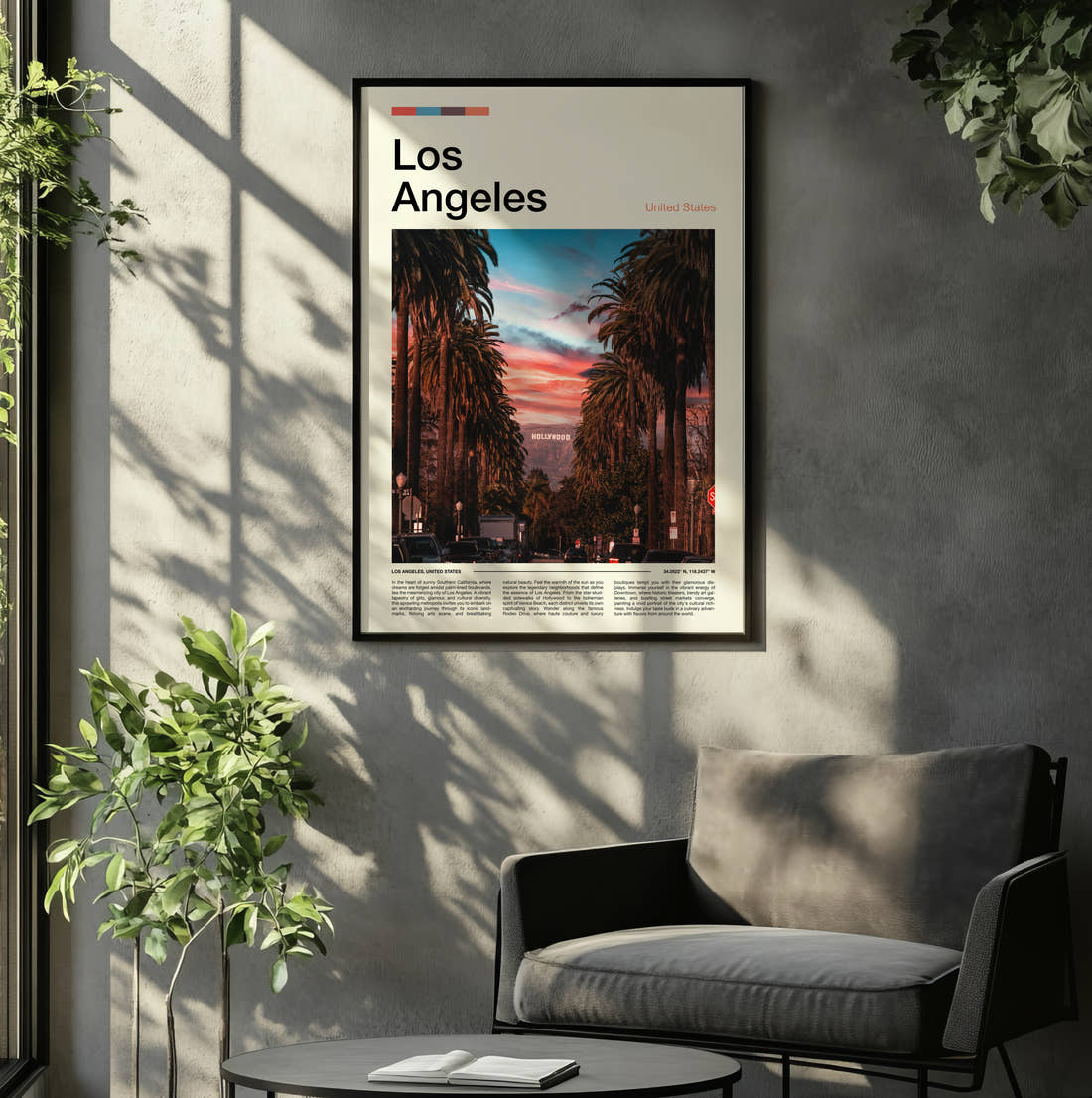 Los Angeles Distant Hollywood Sign Travel Print framed on the wall of a relaxed living room