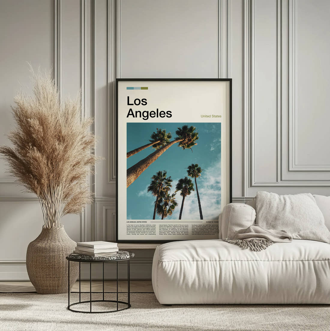 Los Angeles Palm Trees From Below Travel Print framed on the wall of a calm, neutral bedroom