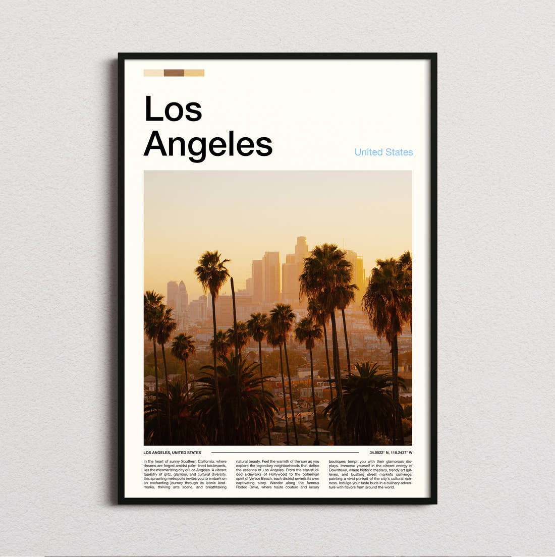Los Angeles Skyline Behind Palm Trees Travel Print framed and photographed straight on