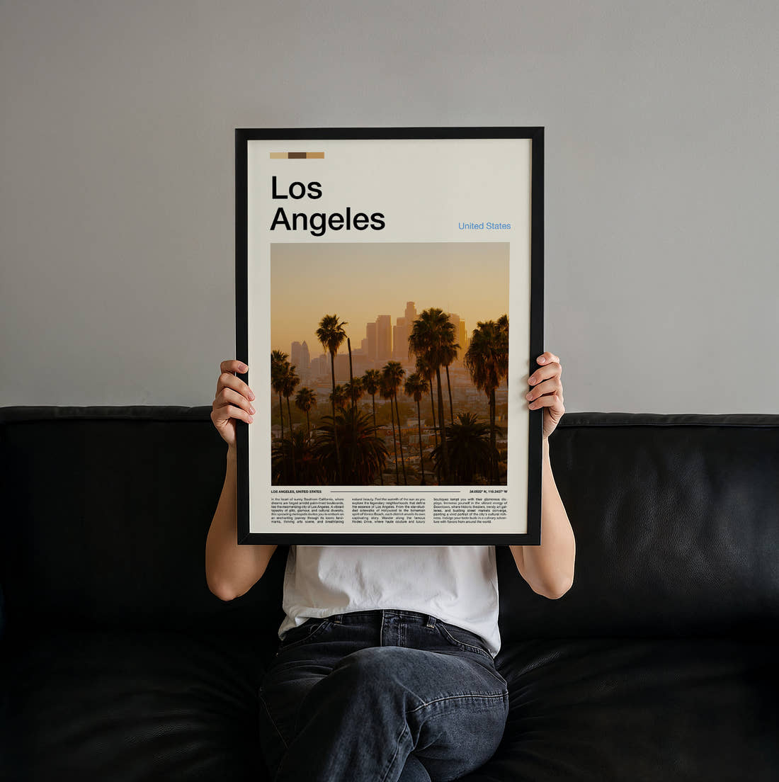 Los Angeles Skyline Behind Palm Trees Travel Print held up by hand to show the size of the print