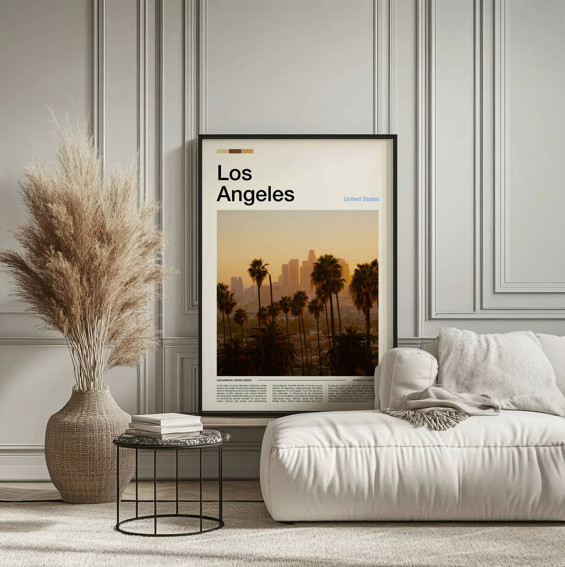 Los Angeles Skyline Behind Palm Trees Travel Print framed on the wall of a calm, neutral bedroom