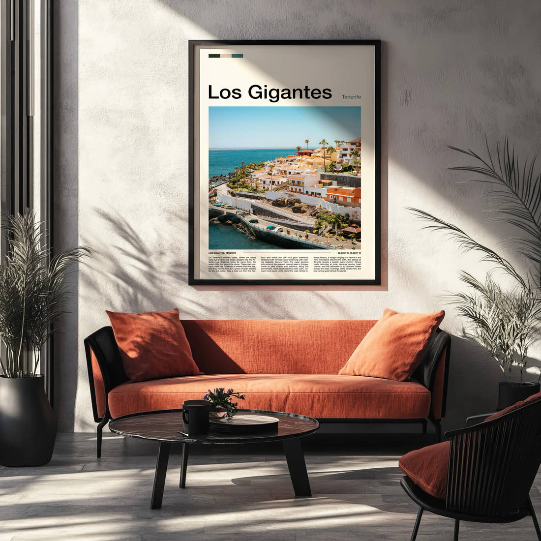 Los Gigantes Coastal Village Cliffs Travel Print framed on the wall of a modern living room