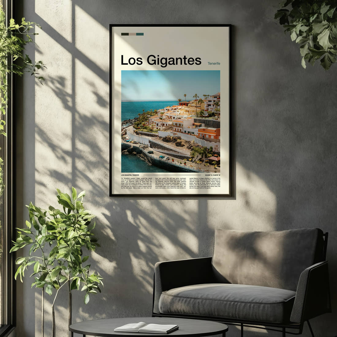 Los Gigantes Coastal Village Cliffs Travel Print framed on the wall of a relaxed living room