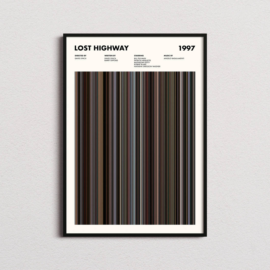 Lost Highway Movie Barcode Poster framed on a plain studio wall
