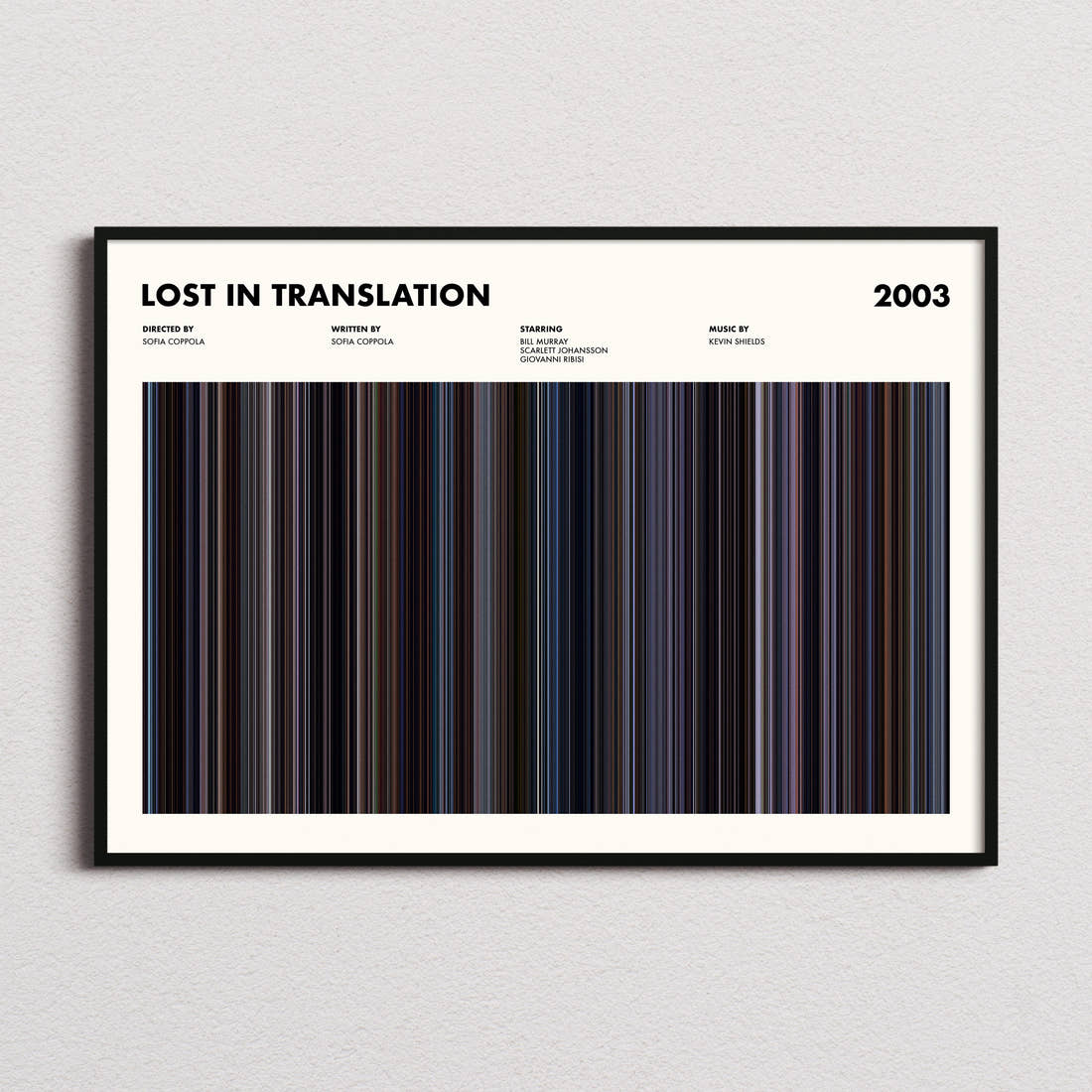 Lost In Translation Movie Barcode Poster framed and photographed straight on