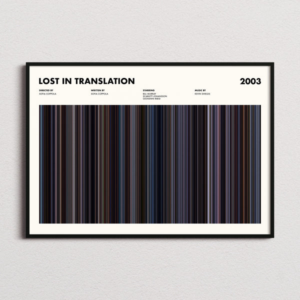 Lost In Translation Movie Barcode Poster framed and photographed straight on