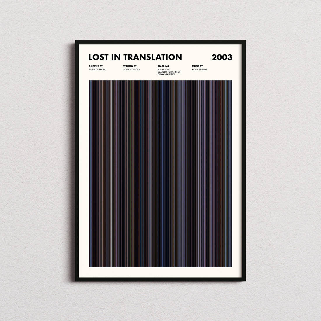 Lost In Translation Movie Barcode Poster framed on a plain studio wall