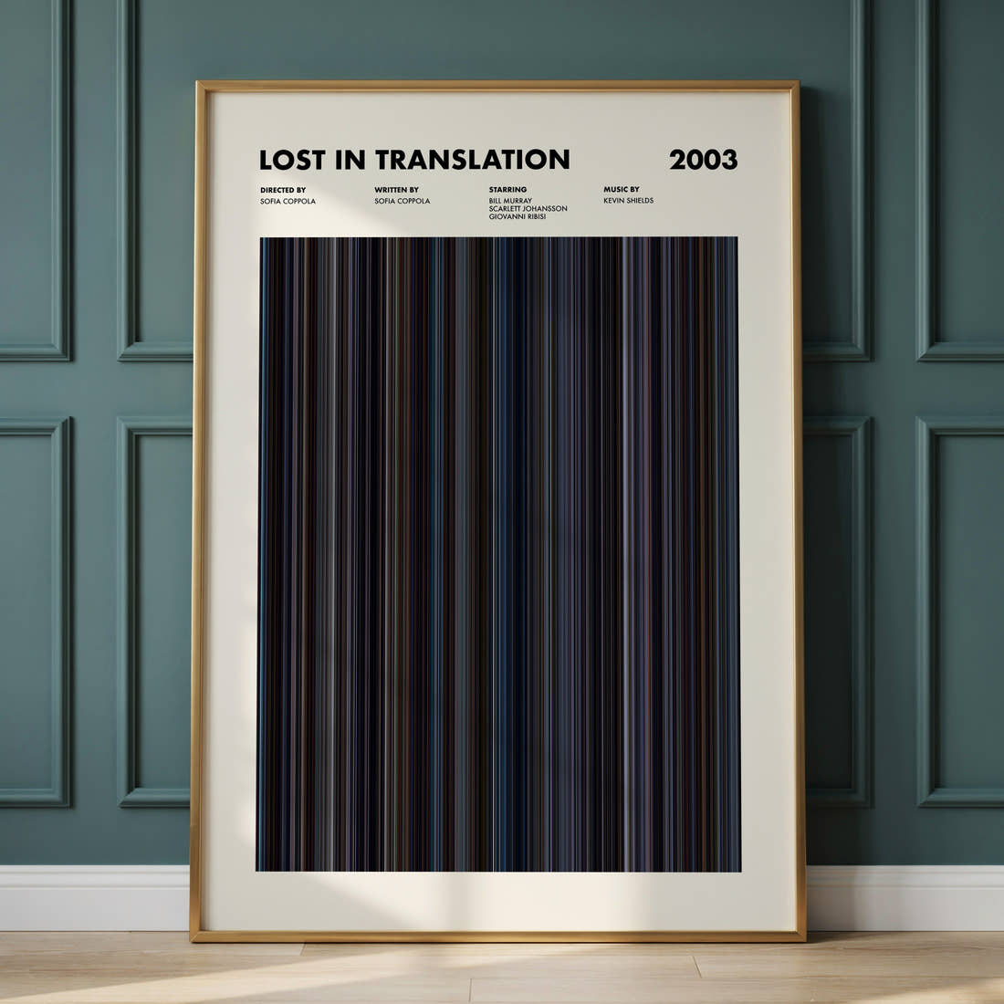 Lost In Translation Movie Barcode Poster framed and leaning against a panelled wall
