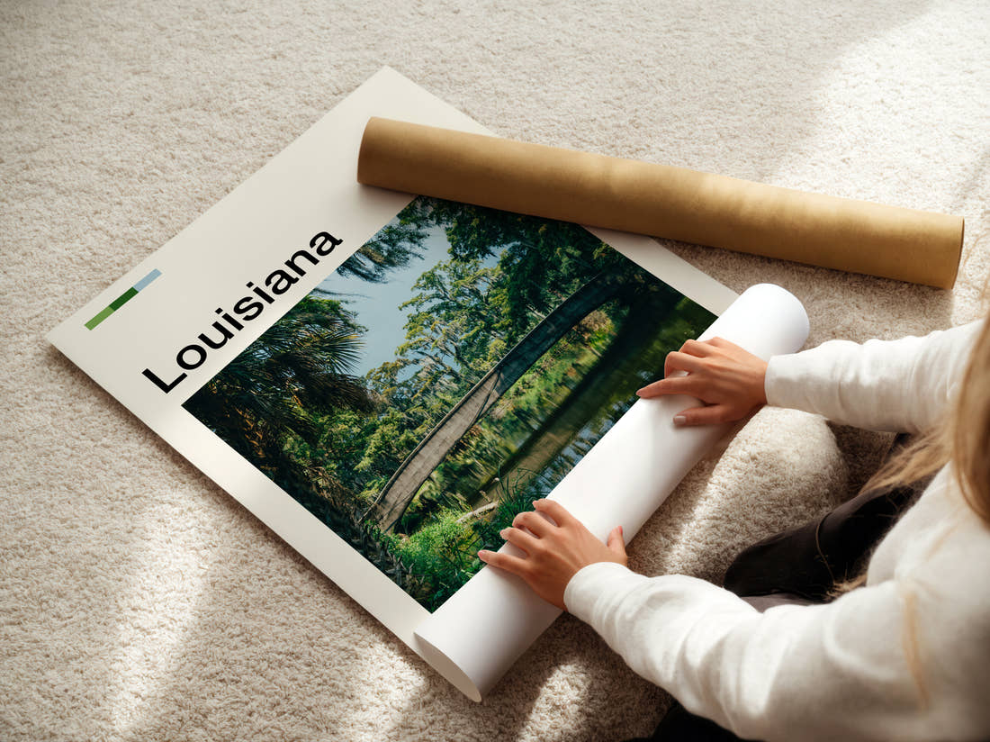 Louisiana Footbridge Over Bayou Travel Print being unrolled from its postal tube