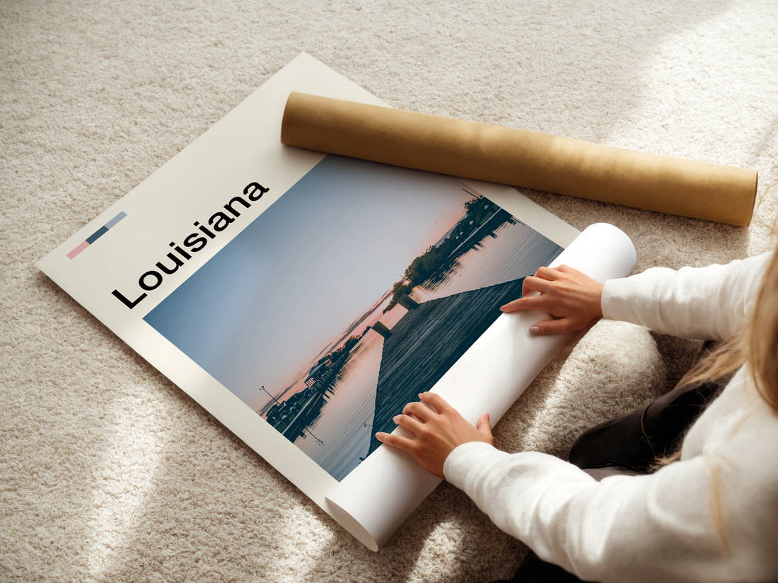 Louisiana Wooden Pier At Dusk Travel Print being unrolled from its postal tube