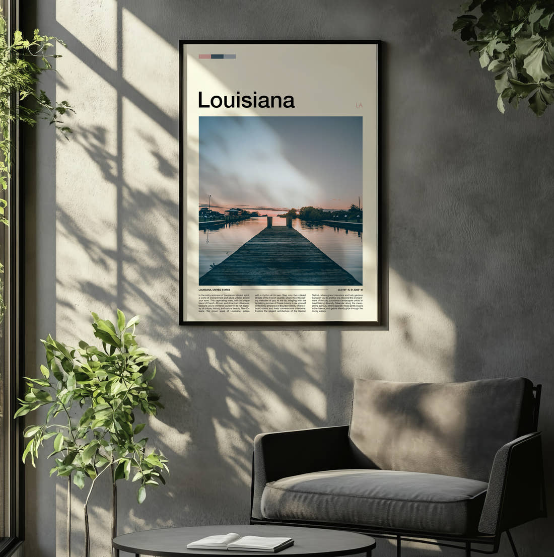 Louisiana Wooden Pier At Dusk Travel Print framed on the wall of a relaxed living room