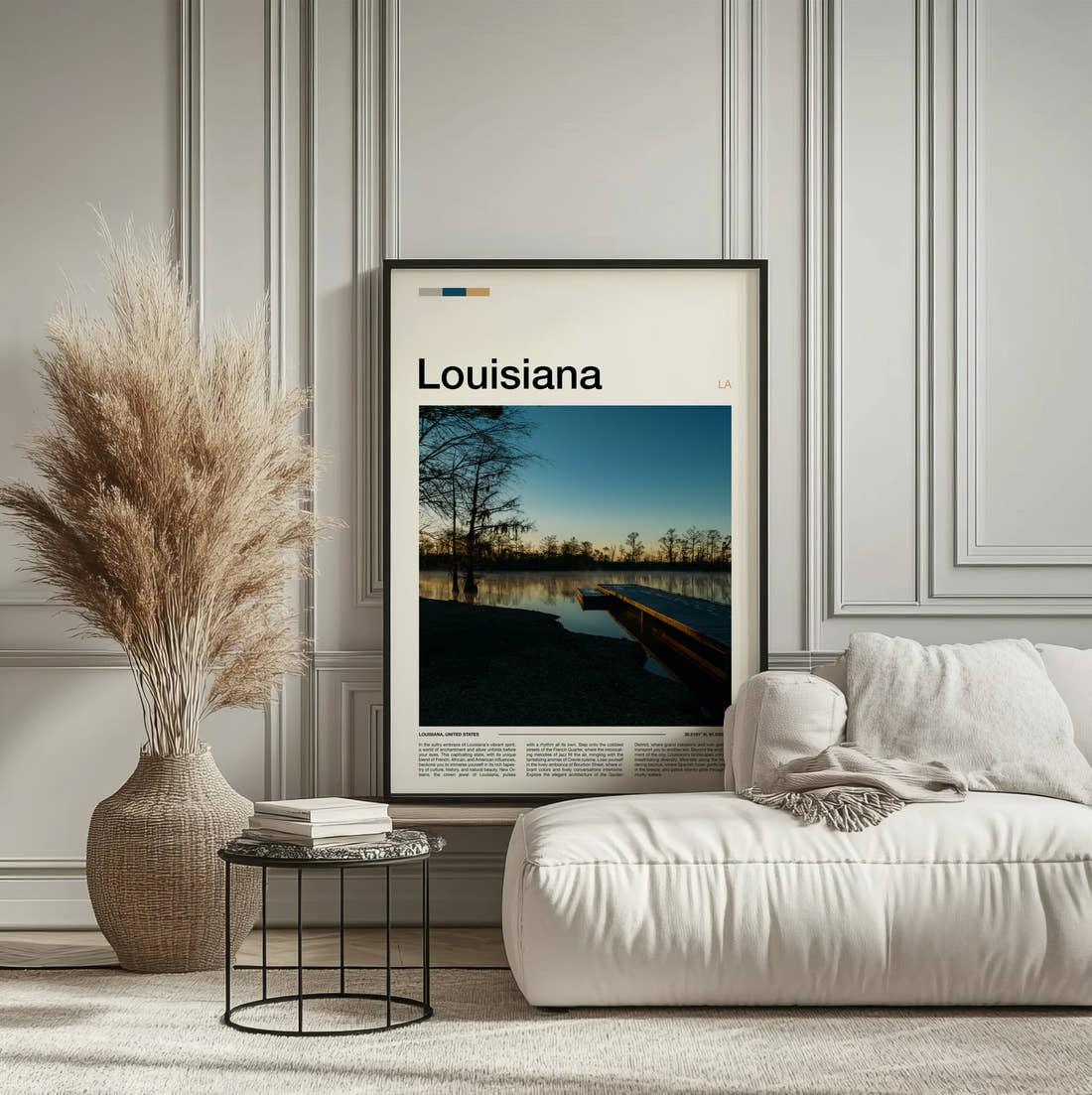 Louisiana Pier Among Cypress Trees Travel Print framed on the wall of a calm, neutral bedroom