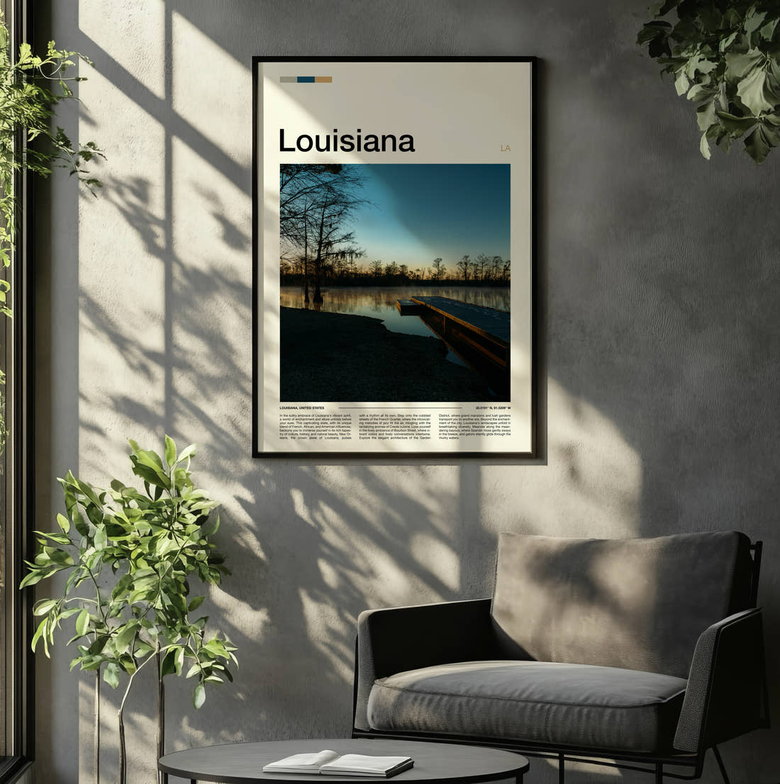 Louisiana Pier Among Cypress Trees Travel Print framed on the wall of a relaxed living room