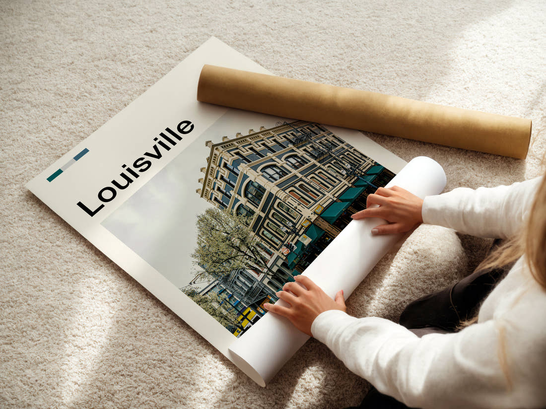 Louisville Ornate Cast Iron Building Travel Print being unrolled from its postal tube