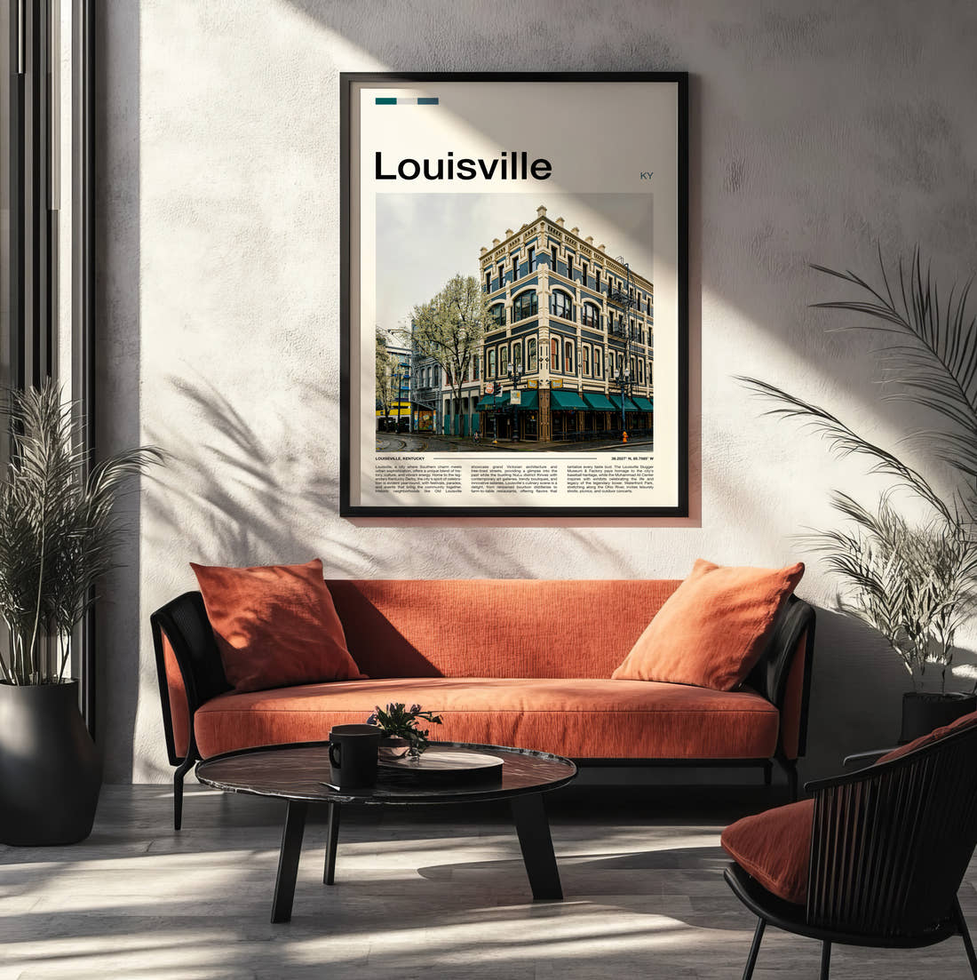 Louisville Ornate Cast Iron Building Travel Print framed on the wall of a modern living room