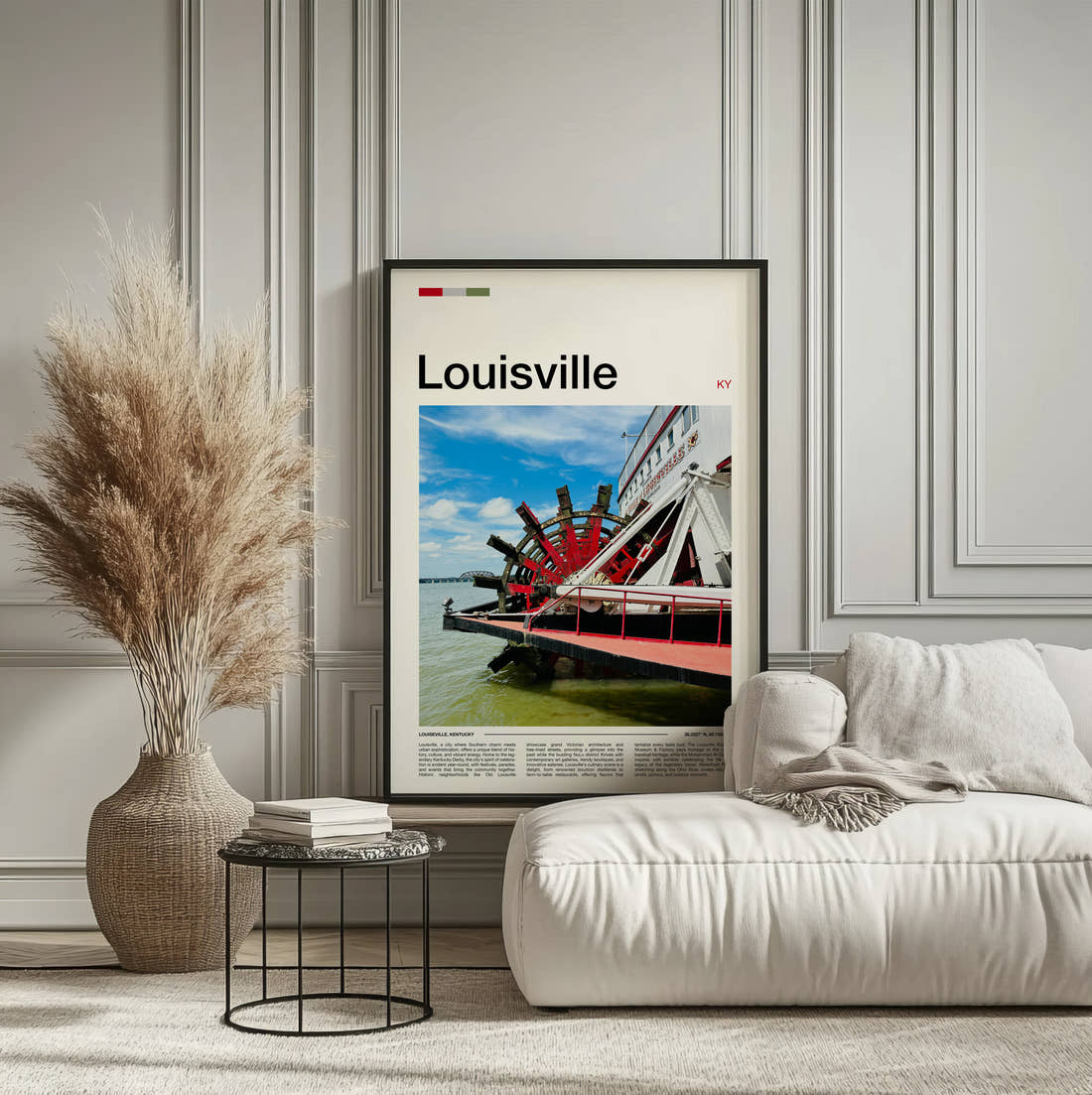 Louisville Steamboat Paddle Wheel Travel Print framed on the wall of a calm, neutral bedroom