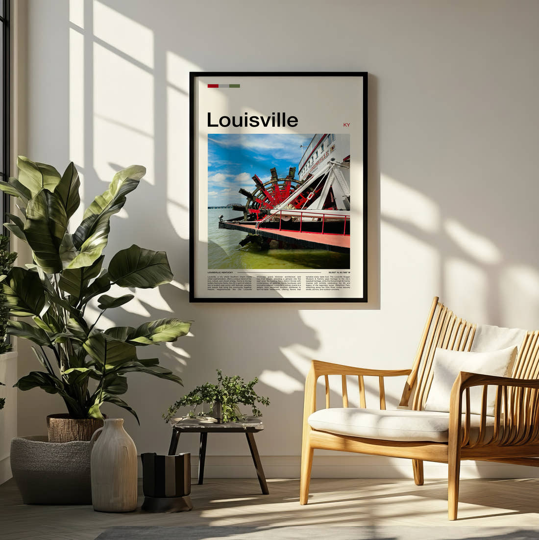 Louisville Steamboat Paddle Wheel Travel Print framed on a pale wall beside houseplants
