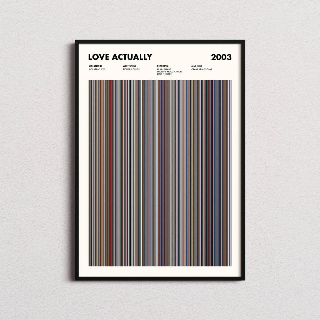 Love Actually Movie Barcode Poster framed on a plain studio wall