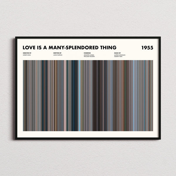 Love Is a Many-Splendored Thing Movie Barcode Poster framed and photographed straight on