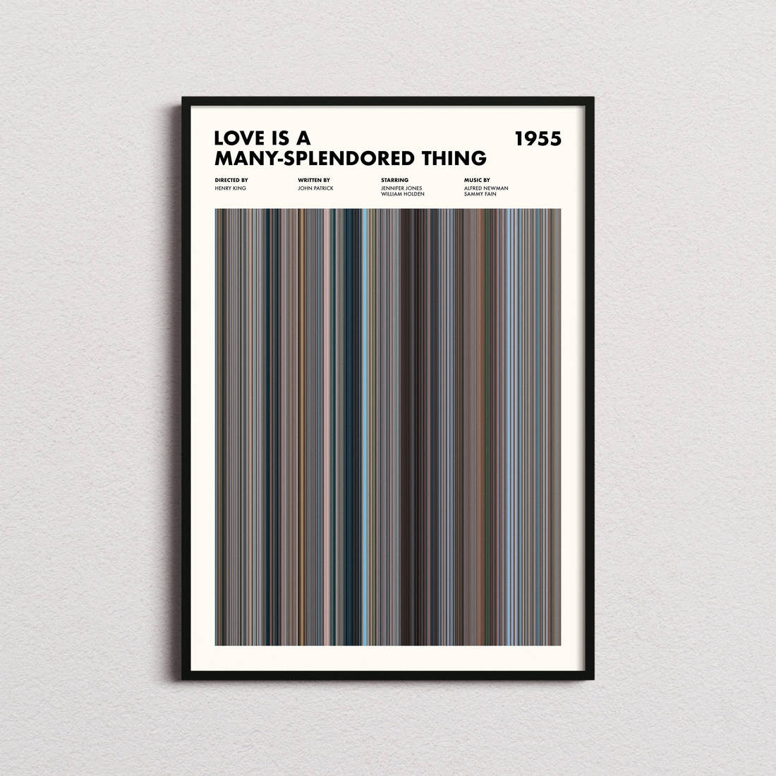 Love Is a Many-Splendored Thing Movie Barcode Poster framed on a plain studio wall