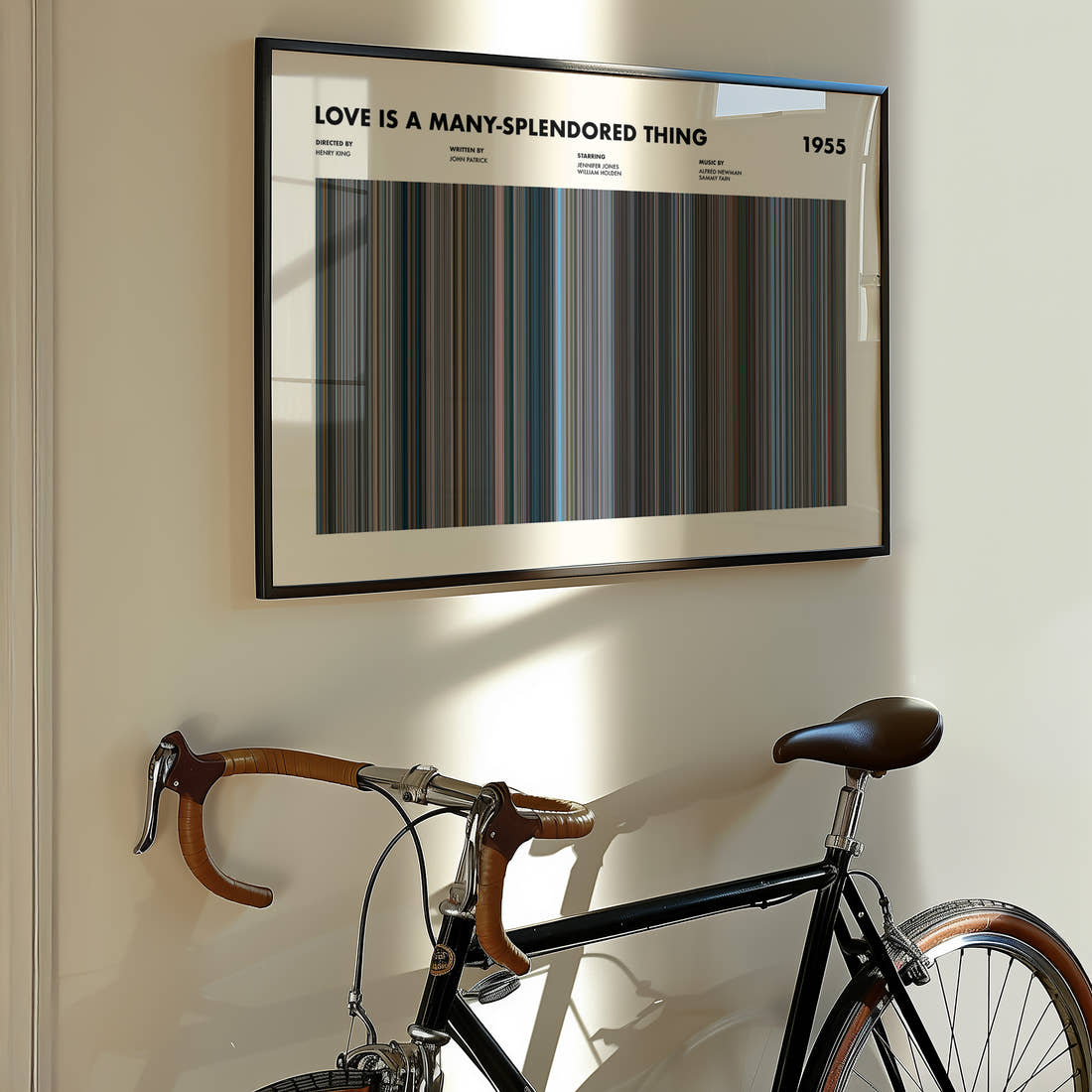 Love Is a Many-Splendored Thing Movie Barcode Poster framed on the wall of a styled room setting